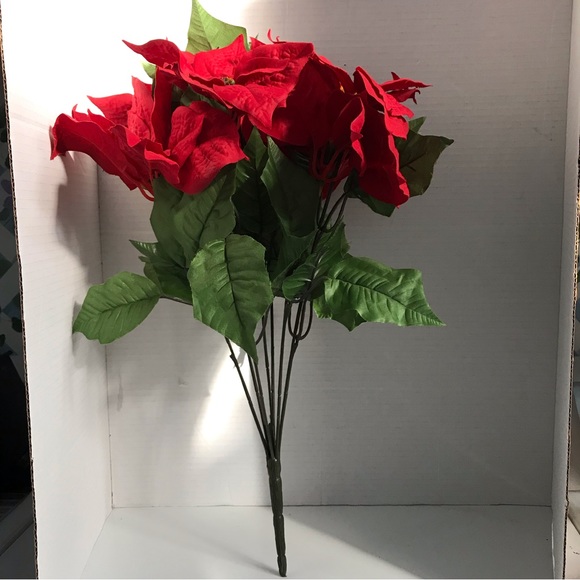 Red silk poinsettia foliage for indoor or outdoor holiday decoration - Picture 10 of 13